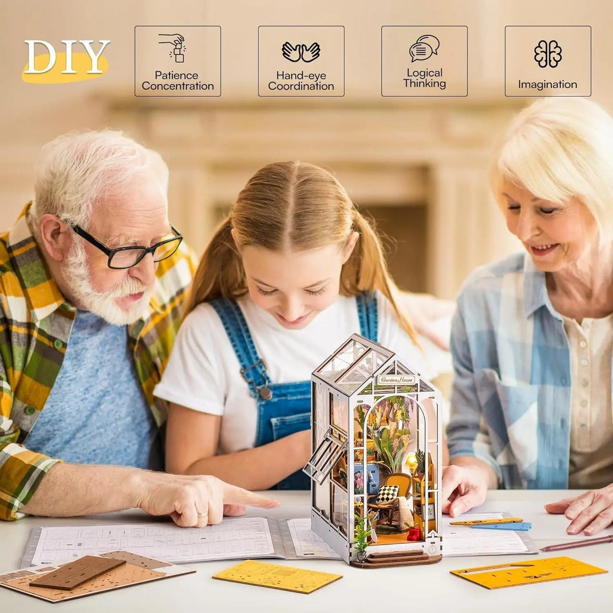 DIY Dollhouse Kit with LED Light – Miniature Garden to Assemble for Shelf Decoration