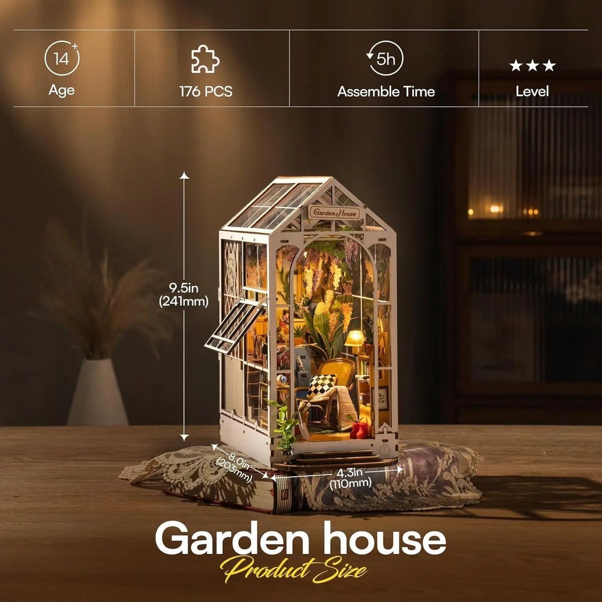 DIY Dollhouse Kit with LED Light – Miniature Garden to Assemble for Shelf Decoration