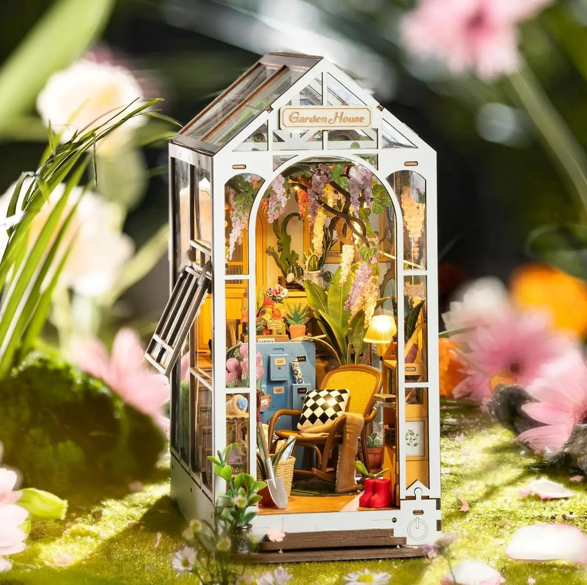 DIY Dollhouse Kit with LED Light – Miniature Garden to Assemble for Shelf Decoration