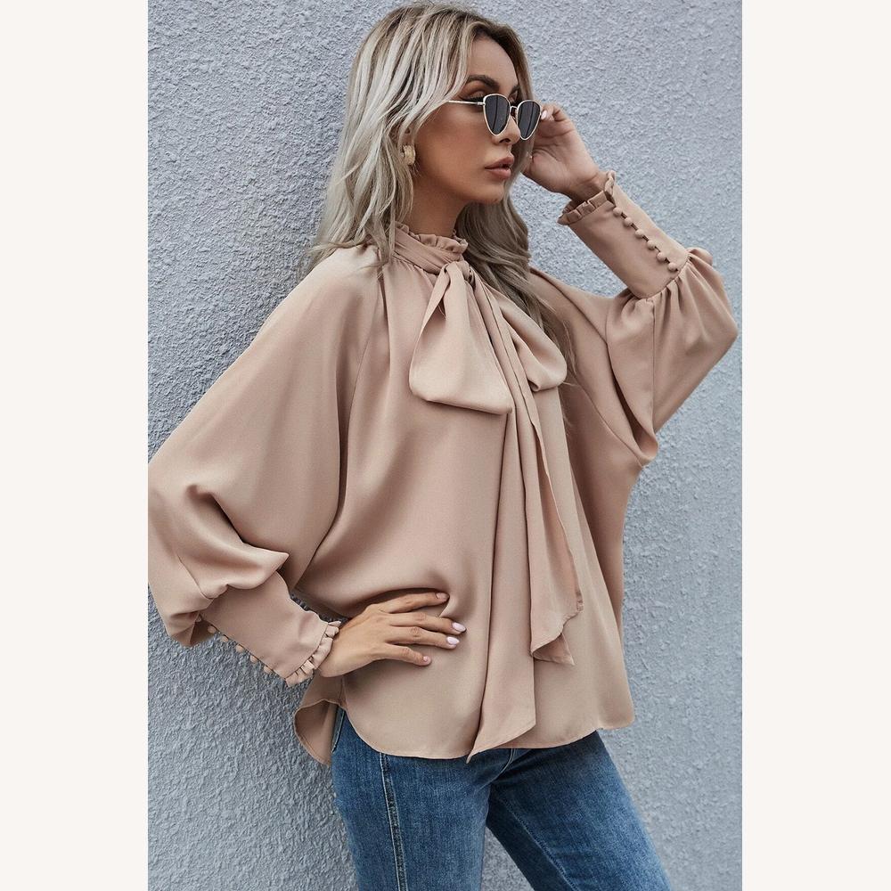 Blouse élégante pour femme en polyester abricot avec nœud papillon et manches bouffantes – Sophistiquée et polyvalente