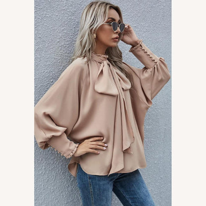 Blouse élégante pour femme en polyester abricot avec nœud papillon et manches bouffantes – Sophistiquée et polyvalente