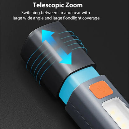 Lampe de poche rechargeable puissante avec éclairage COB et zoom télescopique – Lampe de poche portable pour le camping et la randonnée