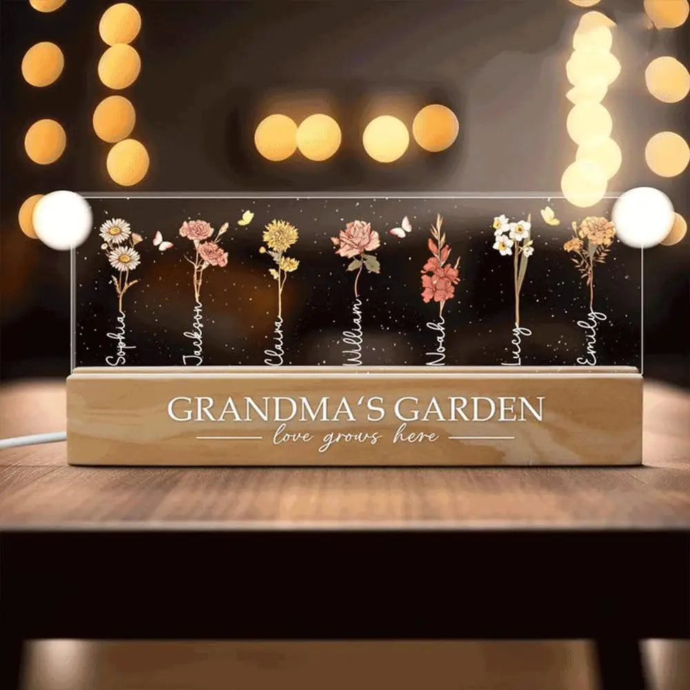 Lampe de chevet LED personnalisée avec motif de fleur du mois de naissance – Veilleuse en bois naturel pour le jardin de grand-mère