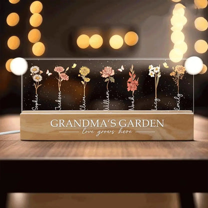 Lampe de chevet LED personnalisée avec motif de fleur du mois de naissance – Veilleuse en bois naturel pour le jardin de grand-mère