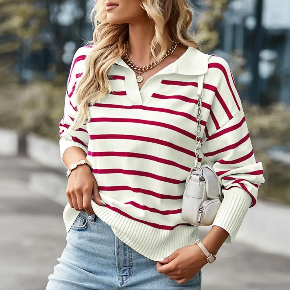 Pull rayé pour femme en tricot doux avec col ouvert – Élégance décontractée et confort optimal
