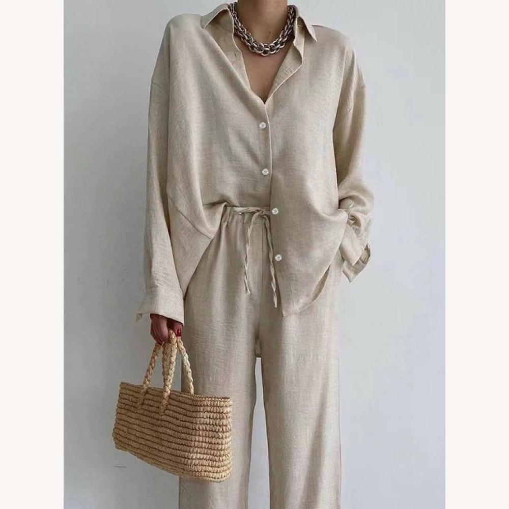 Ensemble tailleur en lin beige pour femme avec chemise ample et pantalon taille haute - Élégant et décontracté