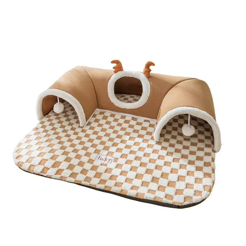 Tunnel-lit pour chat multifonction avec jouet en peluche – Espace de jeu et de repos pour chatons, matériau doux et durable