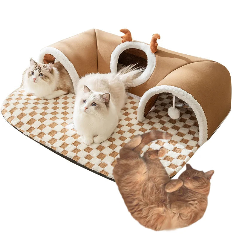 Tunnel-lit pour chat multifonction avec jouet en peluche – Espace de jeu et de repos pour chatons, matériau doux et durable