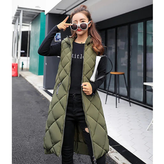 Luna Long Puffer Vest | Hooded, Lightweight Cotton Blend