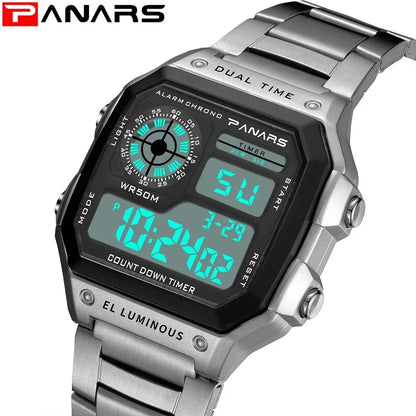 Montre numérique sportive de luxe étanche pour homme – Bracelet en acier inoxydable, rétroéclairage, fonction alarme