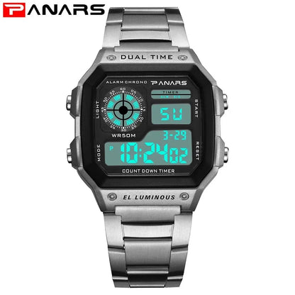 Montre numérique sportive de luxe étanche pour homme – Bracelet en acier inoxydable, rétroéclairage, fonction alarme