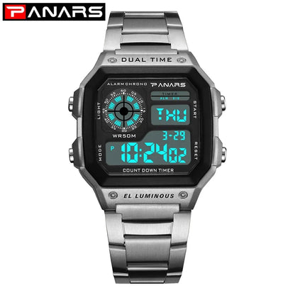Montre numérique sportive de luxe étanche pour homme – Bracelet en acier inoxydable, rétroéclairage, fonction alarme