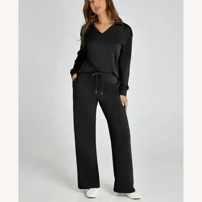 Ensemble décontracté pour femme en polyester avec haut à col en V et pantalon large ajustable – Confort et élégance