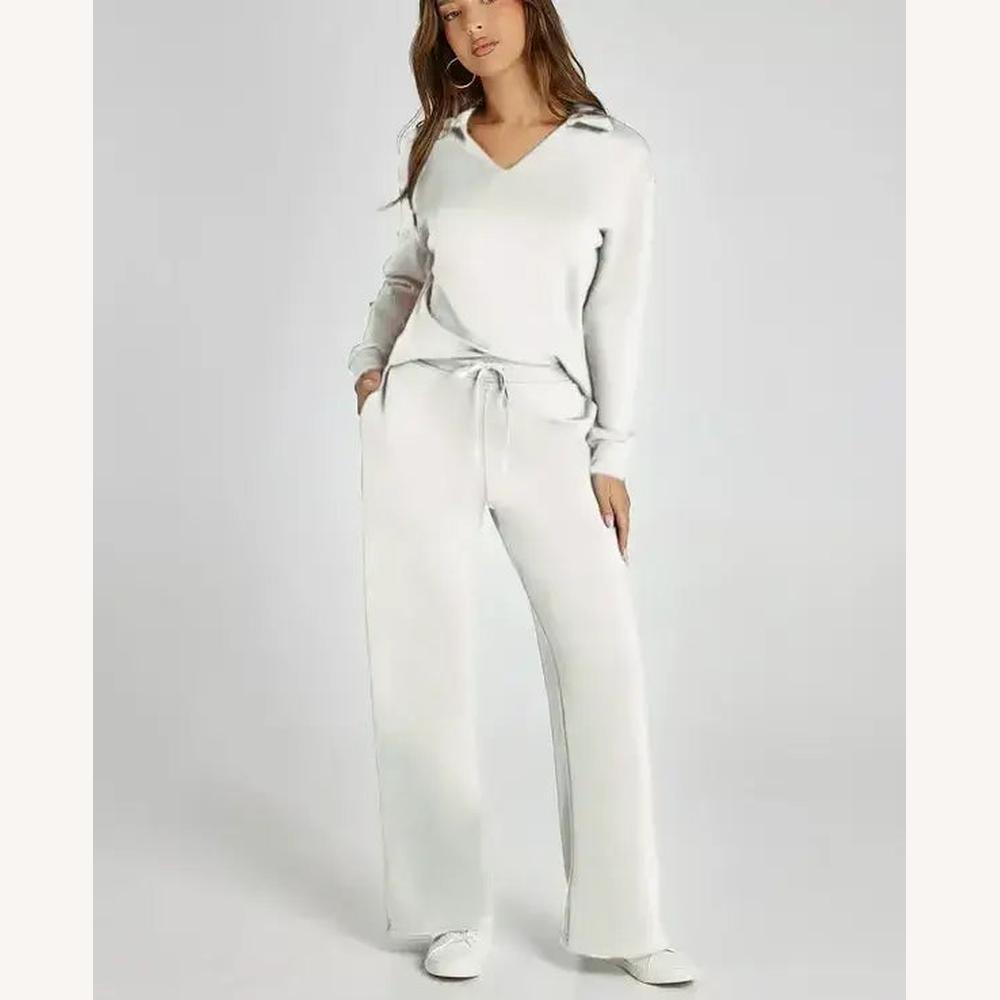 Ensemble décontracté pour femme en polyester avec haut à col en V et pantalon large ajustable – Confort et élégance