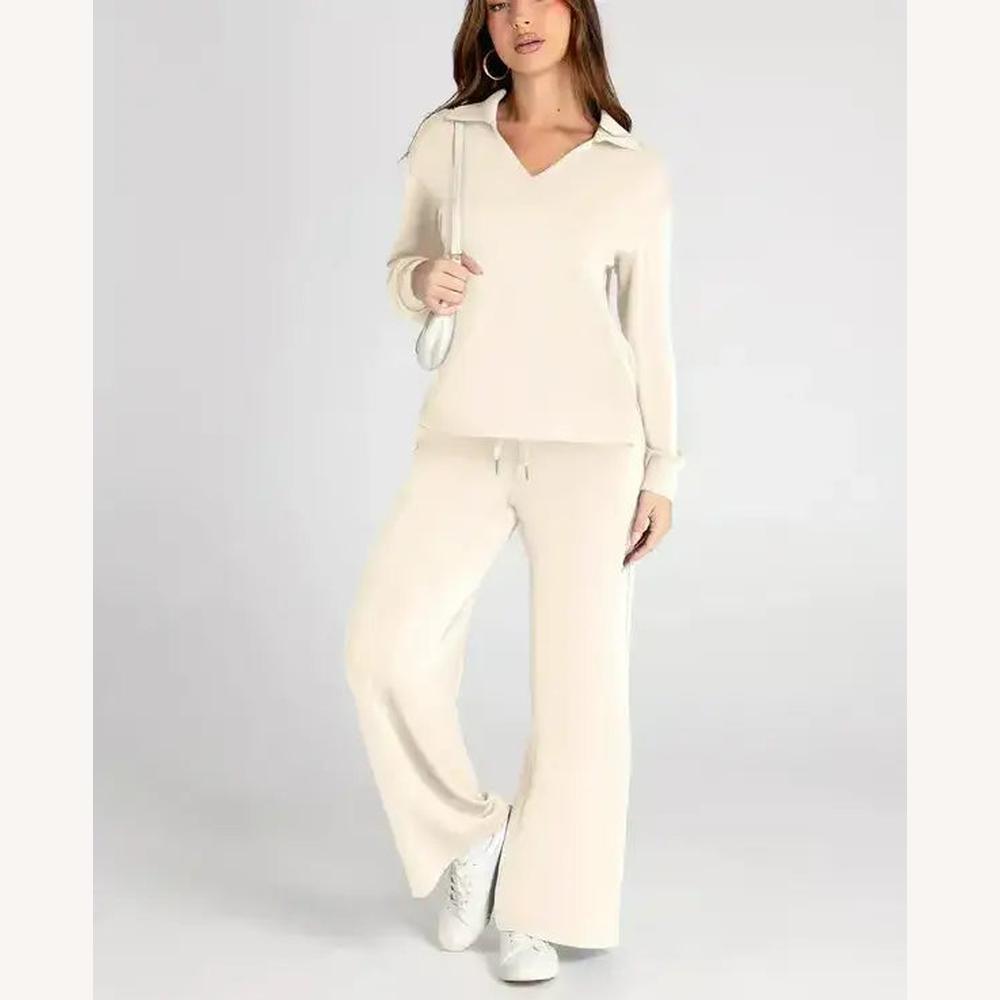 Ensemble décontracté pour femme en polyester avec haut à col en V et pantalon large ajustable – Confort et élégance