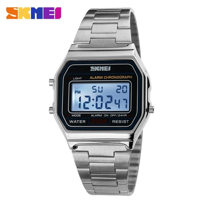 Montre numérique sportive étanche pour homme avec bracelet en acier inoxydable – Style rétro, résistance à l'eau 30M