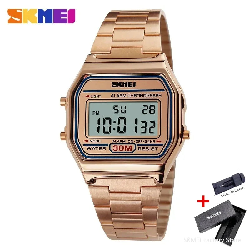 Montre numérique sportive étanche pour homme avec bracelet en acier inoxydable – Style rétro, résistance à l'eau 30M