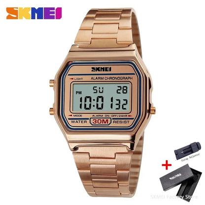 Montre numérique sportive étanche pour homme avec bracelet en acier inoxydable – Style rétro, résistance à l'eau 30M