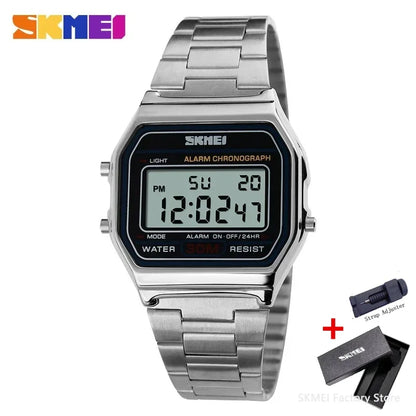Montre numérique sportive étanche pour homme avec bracelet en acier inoxydable – Style rétro, résistance à l'eau 30M