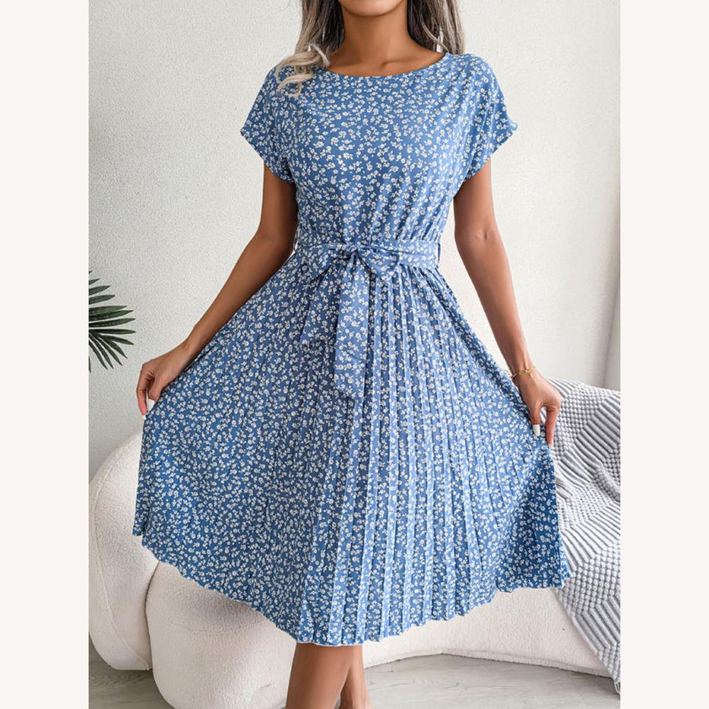 Robe midi évasée pour femme à motif floral avec ceinture à nouer – Élégante et confortable