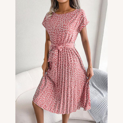 Robe midi évasée pour femme à motif floral avec ceinture à nouer – Élégante et confortable