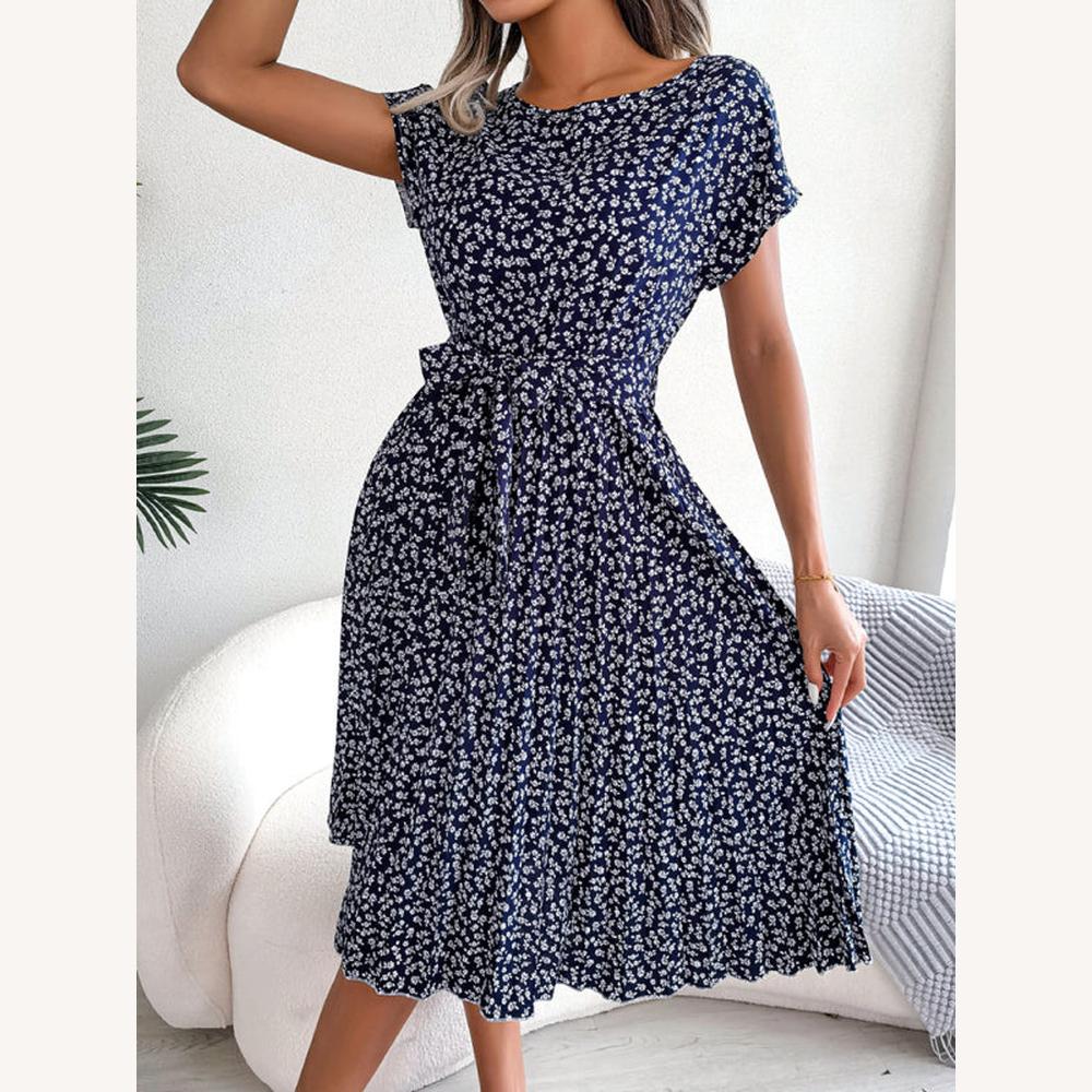 Variant image for Robe Femme Midi Trapèze Imprimée Floral avec Ceinture à Nouer – Élégante et Confortable-13