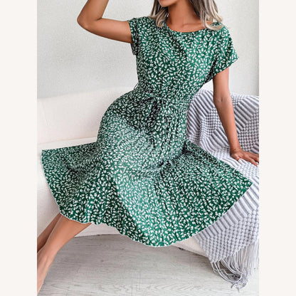 Robe midi évasée pour femme à motif floral avec ceinture à nouer – Élégante et confortable