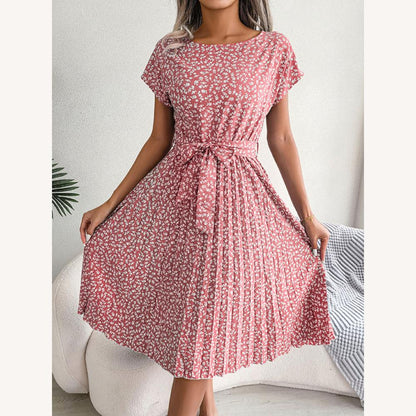 Robe midi évasée pour femme à motif floral avec ceinture à nouer – Élégante et confortable