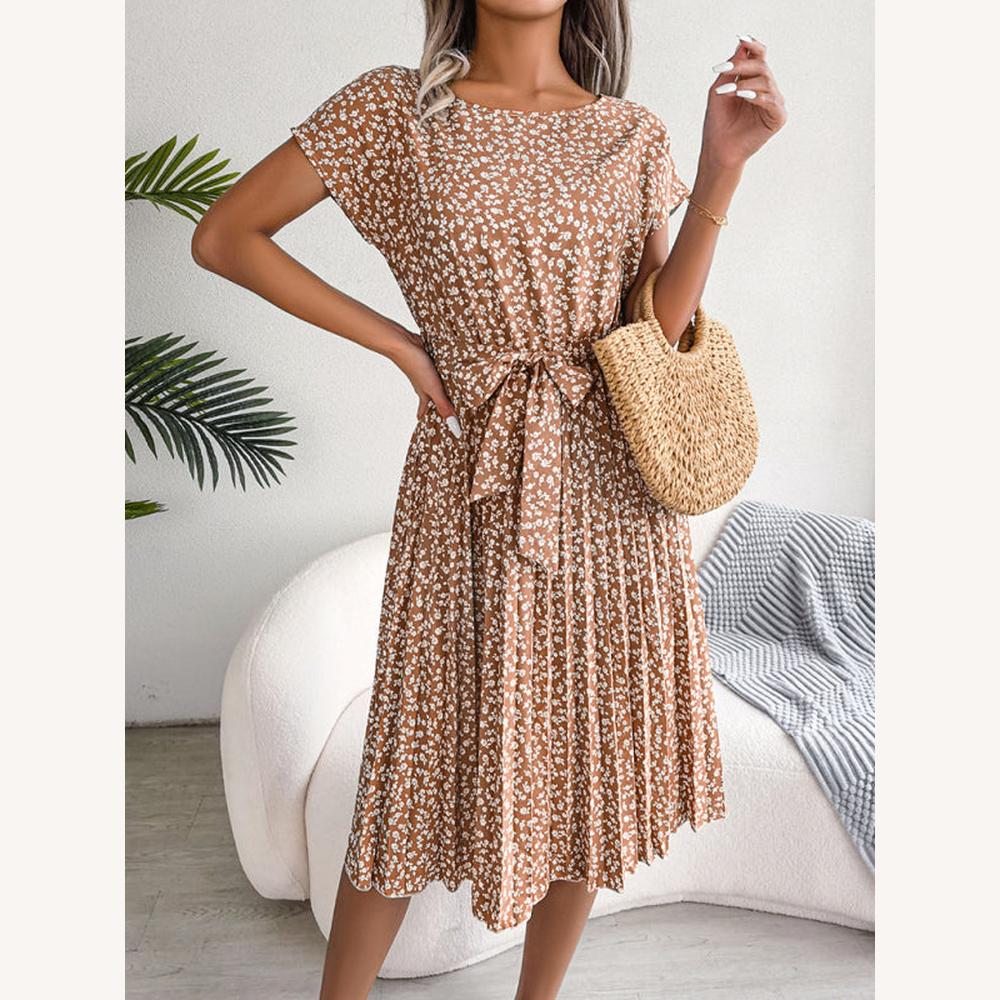 Robe midi évasée pour femme à motif floral avec ceinture à nouer – Élégante et confortable