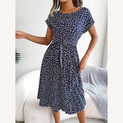 Robe midi évasée pour femme à motif floral avec ceinture à nouer – Élégante et confortable