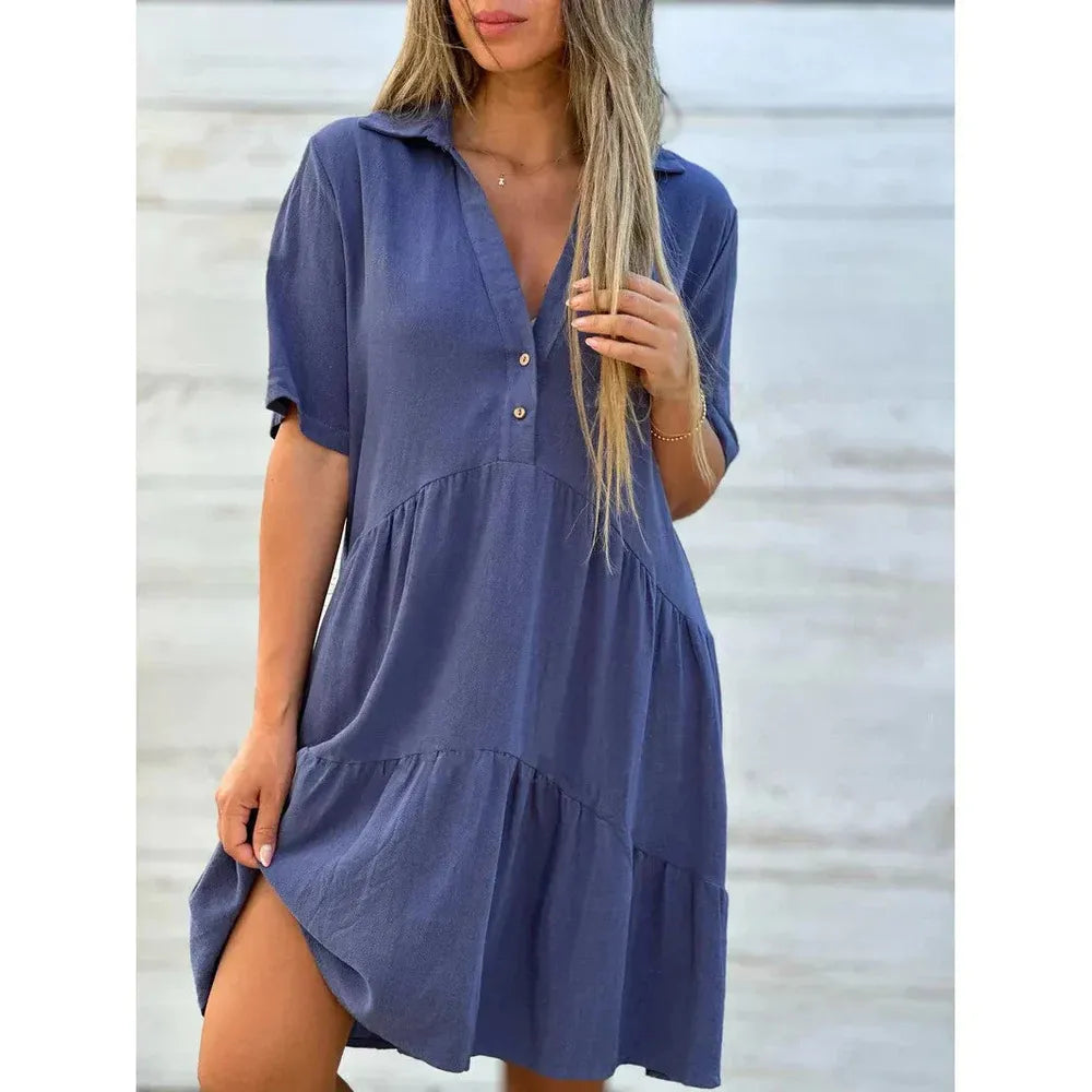 Chic Women's Summer Dress with V-Neckline and Buttons – Lightweight Long Dress for Summer