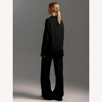 Ensemble détente tricoté en acrylique avec pull col polo surdimensionné et pantalon ample – Confort et élégance pour femmes