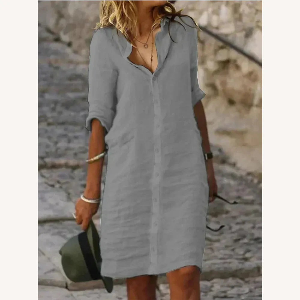 Robe longue en coton pour femme unie avec boutons, col à revers et manches mi-longues – Élégance et confort pour toutes les occasions
