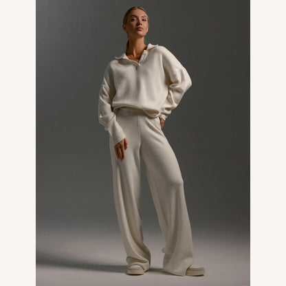 Ensemble détente tricoté en acrylique avec pull col polo surdimensionné et pantalon ample – Confort et élégance pour femmes