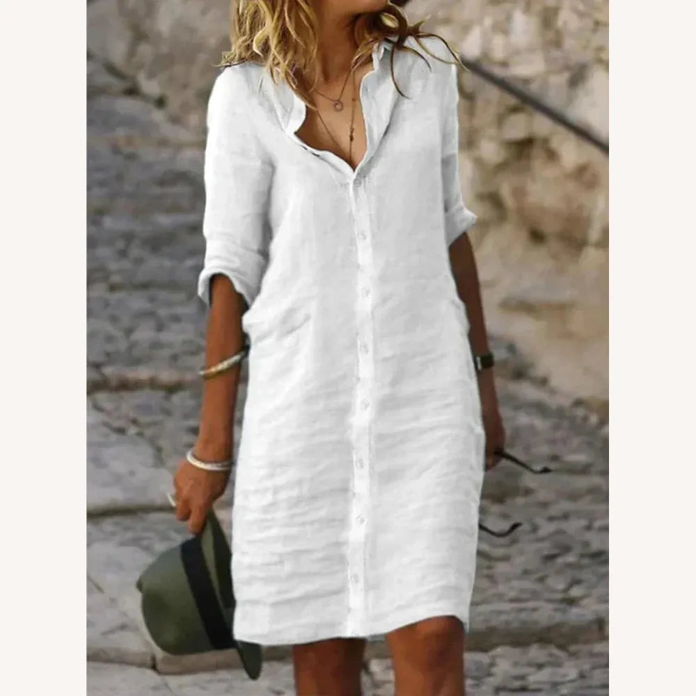Robe longue en coton pour femme unie avec boutons, col à revers et manches mi-longues – Élégance et confort pour toutes les occasions
