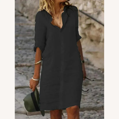Robe longue en coton pour femme unie avec boutons, col à revers et manches mi-longues – Élégance et confort pour toutes les occasions