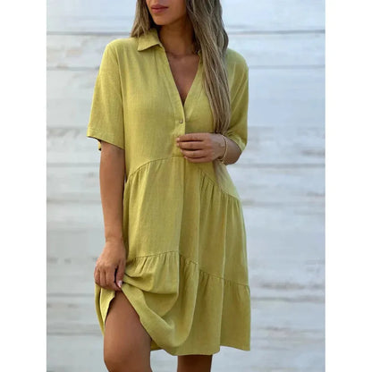 Chic Women's Summer Dress with V-Neckline and Buttons – Lightweight Long Dress for Summer