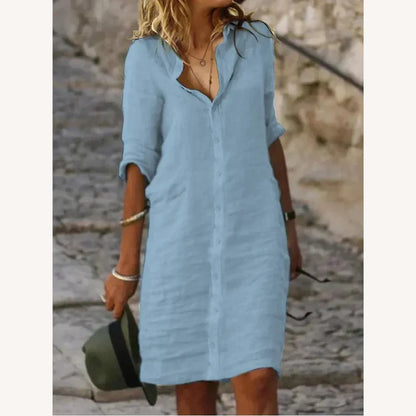 Robe longue en coton pour femme unie avec boutons, col à revers et manches mi-longues – Élégance et confort pour toutes les occasions