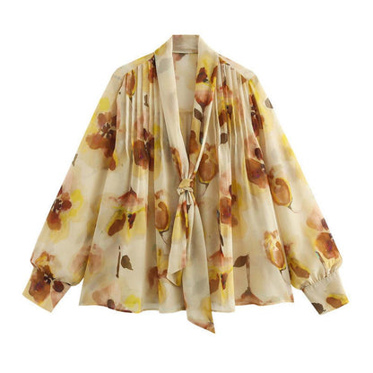 Blouse en mousseline fleurie pour femme avec nœud - Chic et élégante, manches bouffantes, idéale pour le bureau et le déjeuner