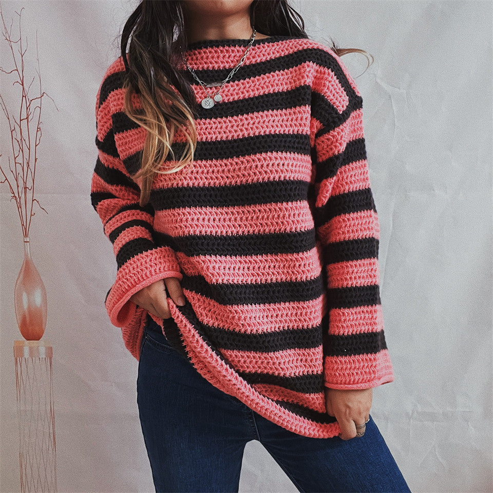 Pull pour femme Oriana | Tricot rayé épais, ample et décolleté épaule nue