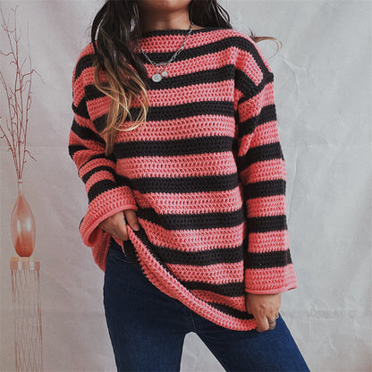 Pull pour femme Oriana | Tricot rayé épais, ample et décolleté épaule nue