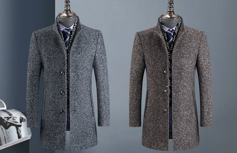 Manteau en laine isolante pour homme avec col montant et poches – Coupe ajustée mi-cuisse, chaud et élégant