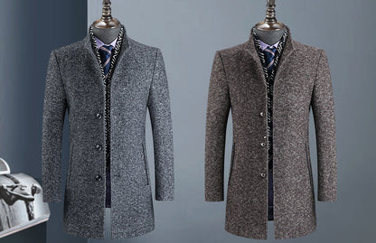 Manteau en laine isolante pour homme avec col montant et poches – Coupe ajustée mi-cuisse, chaud et élégant