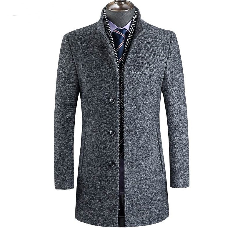 Manteau en laine isolante pour homme avec col montant et poches – Coupe ajustée mi-cuisse, chaud et élégant