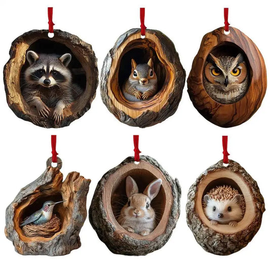 2D Acrylic Christmas Animal Pendant – Raccoon, Owl, Squirrel, Rabbit, Bird