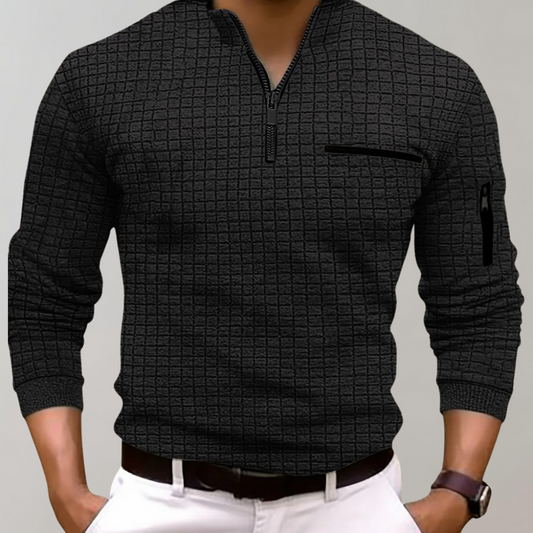 Long Sleeve Polo Shirt in Breathable Cotton for Men – Classic Fit with Zipped Pocket, Optimal Comfort