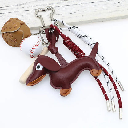 Porte-clés en cuir synthétique avec pendentif teckel et balle de base-ball – Accessoire décoratif pour sac et clés