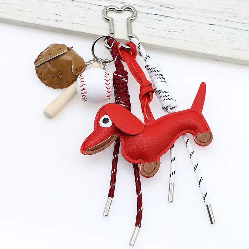 Porte-clés en cuir synthétique avec pendentif teckel et balle de base-ball – Accessoire décoratif pour sac et clés