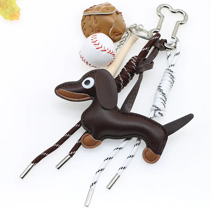 Porte-clés en cuir synthétique avec pendentif teckel et balle de base-ball – Accessoire décoratif pour sac et clés