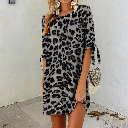 Robe courte pour femme à imprimé léopard en polyester léger – Idéale pour le printemps et l'été, col rond, confortable et élégante
